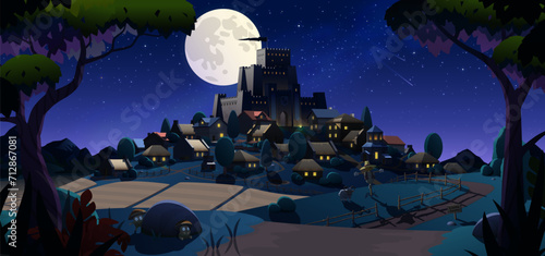 Fairytale night panorama with castle, village, scarecrow, trees, bushes, mountain range, road and grain fields. Vector cartoon illustration. The illustration is well structured by levels.