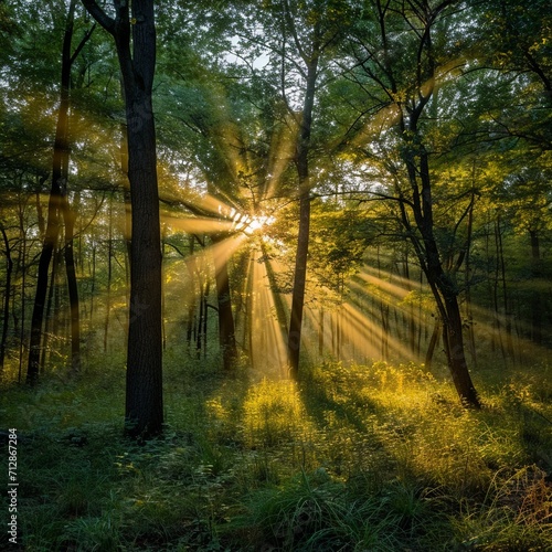 morning sun light rays piercing through the tree generated by ai