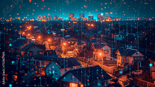 Smart living illuminated  A vision of digital community and IoT-driven smart homes. Suburban houses at night engage in data transactions in this generative AI-enhanced image.