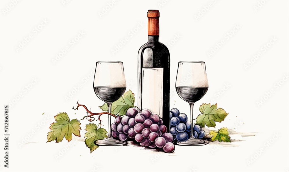  illustration of a bottle of wine and a glass