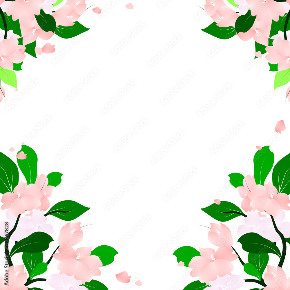Fototapeta premium Botanical Floral branch frame. Leaves and flowers spring border background.