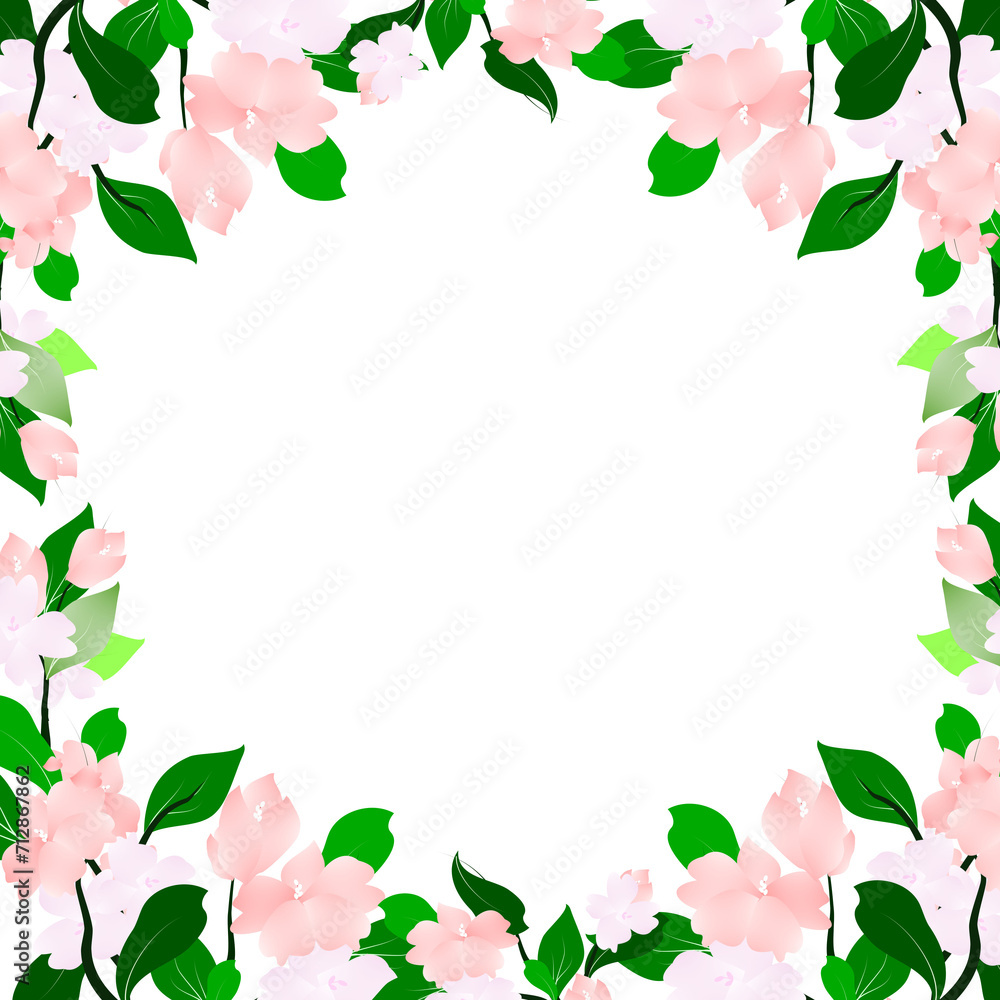 Naklejka premium Botanical Floral branch frame. Leaves and flowers spring border background.