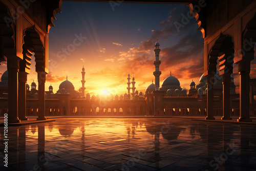 Ramadan Kareem Mosque windows sunset view photo