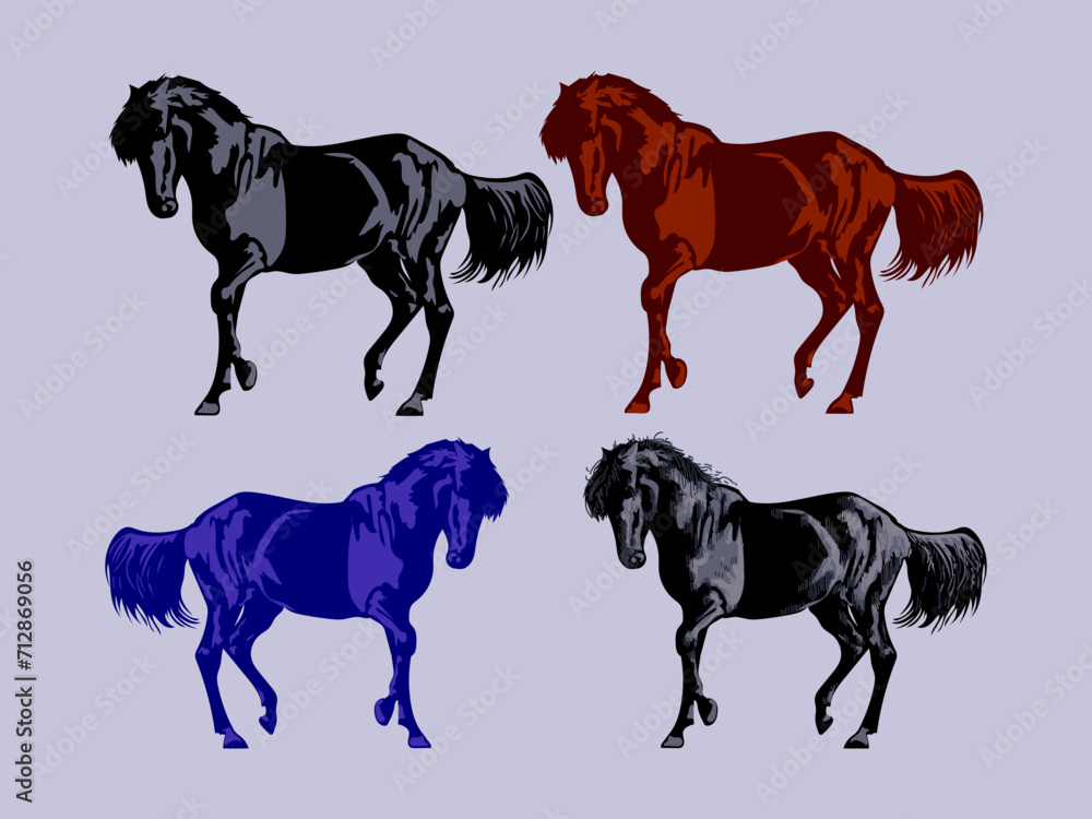 Fototapeta premium Set of standing horse silhouette animal collection vector illustration. Isolated on white background.