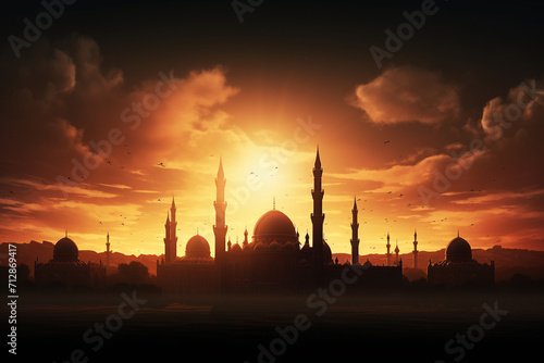 Ramadan Kareem Sunset Mosque in. 3D rendering