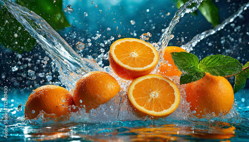 Cytrusy, pomarańcze w wodzie, tło dekoracja, generative ai © Elżbieta Kaps