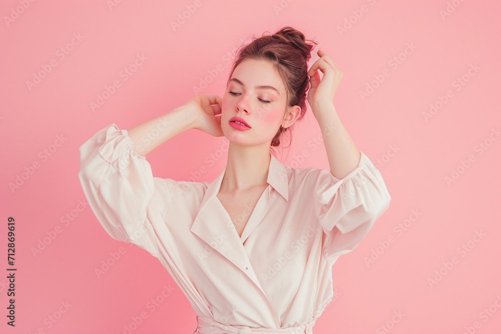 portrait of a fashion young woman in a studio muted color background and minimalistic	