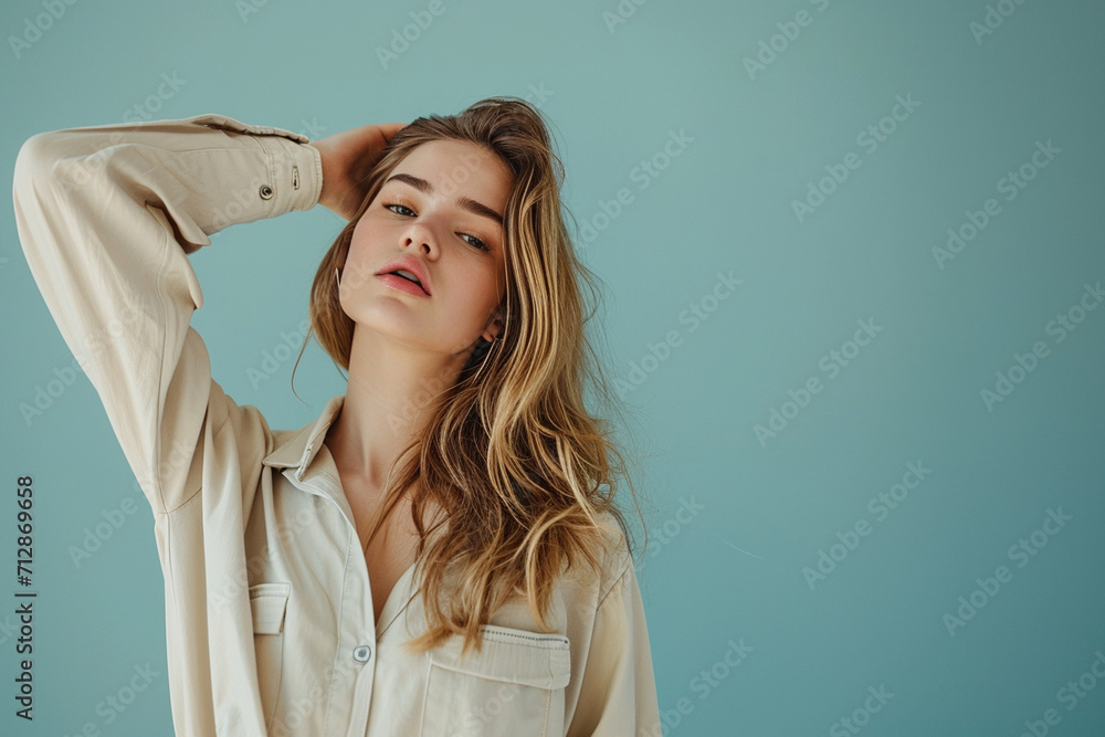 portrait of a fashion young woman in a studio muted color background and minimalistic portrait of a fashion young woman in a studio muted color background and minimalistic