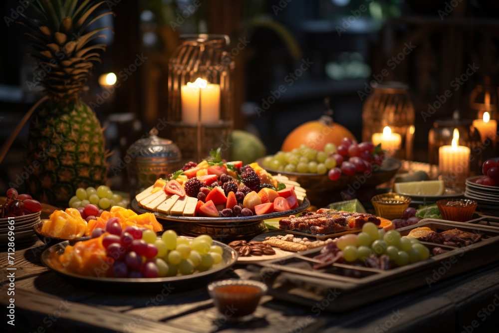Table with variety of fresh fruits and berries. Healthy eating concept.
