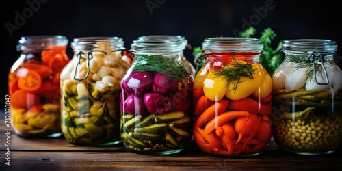 Assorted pickled veggies in glass jars presented on a table.