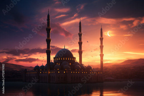 Ramadan Kareem Sunset Mosque in. 3D rendering © Graphicsstudio 5