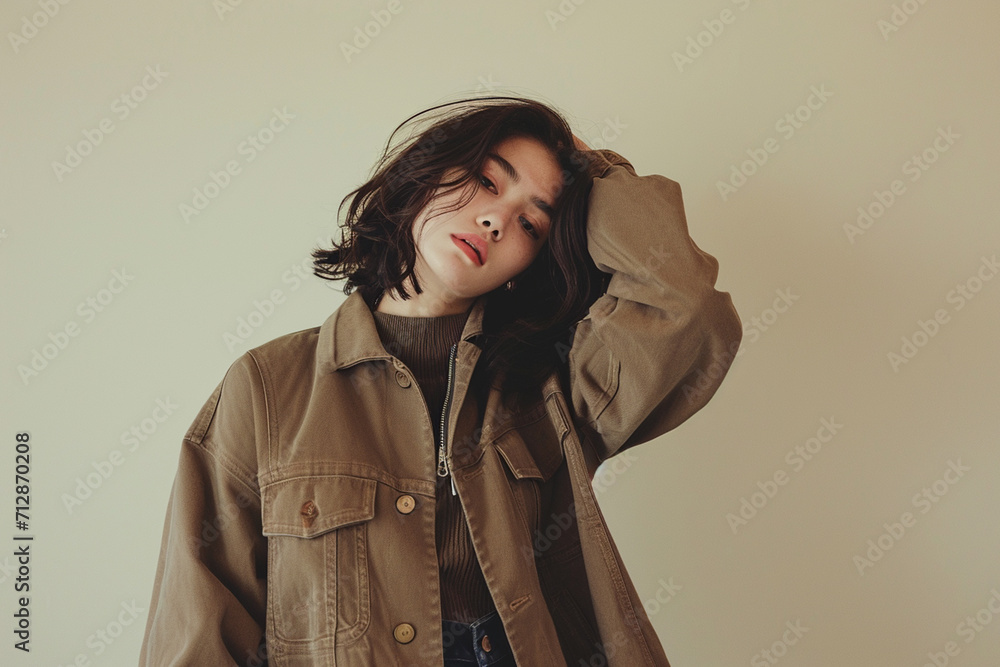 portrait of a fashion young woman in a studio muted color background and minimalistic portrait of a fashion young woman in a studio muted color background and minimalistic