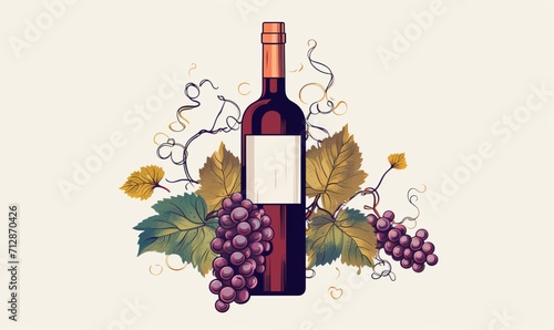  illustration of a bottle of wine and a grapes