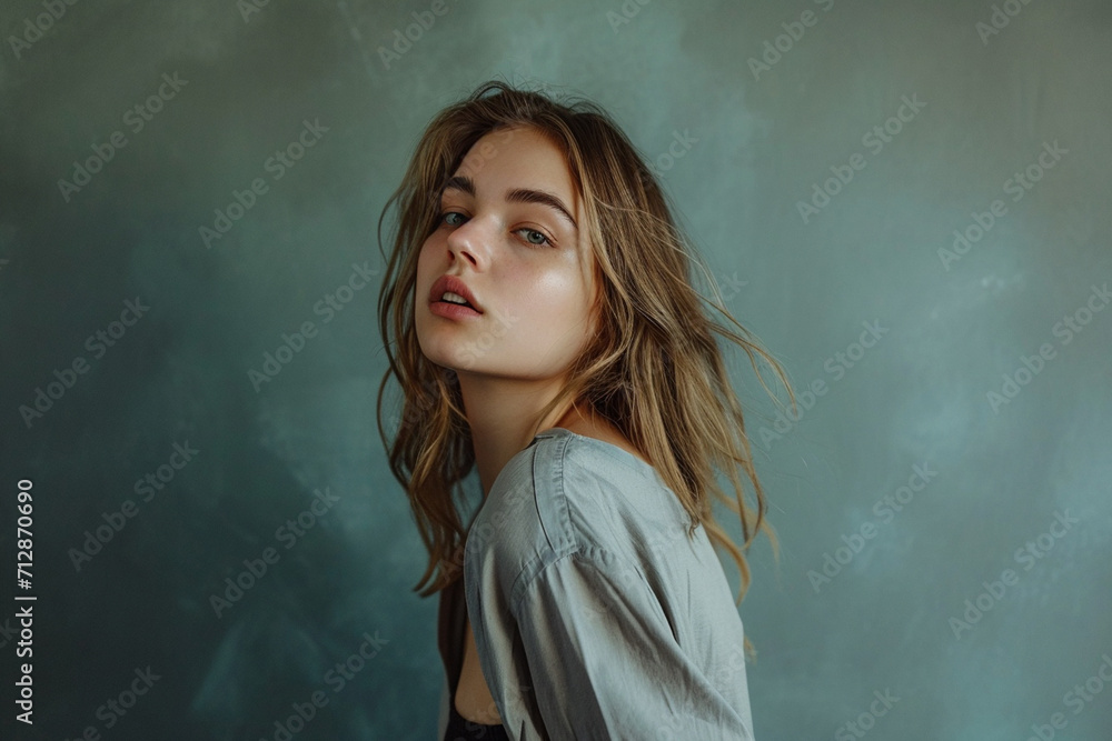 portrait of a fashion young woman in a studio muted color background and minimalistic portrait of a fashion young woman in a studio muted color background and minimalistic