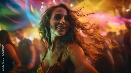 woman dancing joyfully at a vibrant music festival party