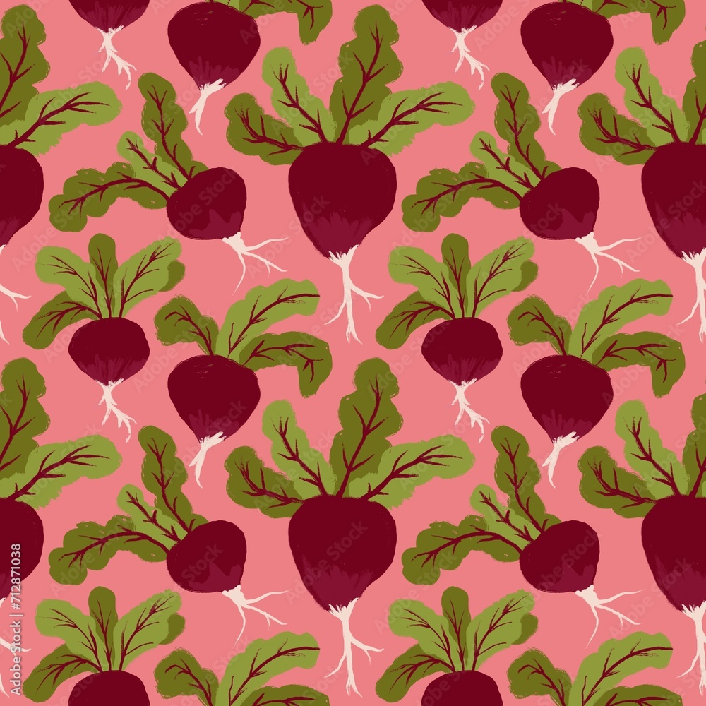 Hand drawn seamless pattern with red beetroot beet radish green leaves. Vegetables harvest vegan vegetarian food, colorful kitchen food print on orange background, nutrition diet healthy cooking.