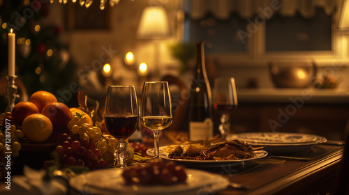 An intimate Christmas dinner setting featuring a roasted chicken  glasses of red and white wine  fruits  and ambient candlelight  creating a luxurious holiday feast atmosphere.