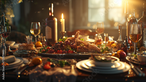 A lavishly set table with a succulent roasted turkey taking center stage  complemented by fine wine  glowing candles  and an array of sumptuous sides  capturing the spirit of a festive celebration.