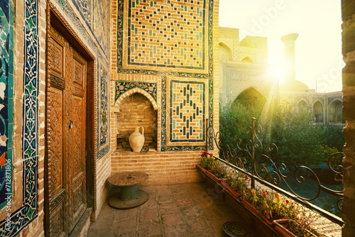 Ulug bek madrassah, registan square, samarkand. Inside the courtyard of the madrasah, the higher theological school. photo