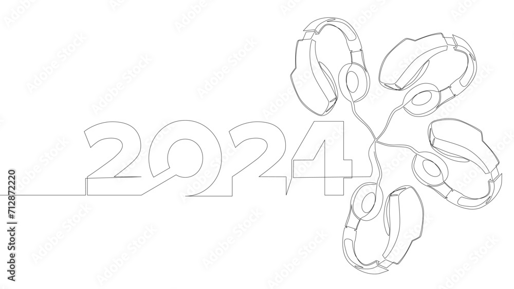 One continuous line of Headset and number 2024. Thin Line Illustration vector concept. Contour Drawing Creative ideas. One continuous line of Headset and number 2024. Thin Line Illustration vector concept. Contour Drawing Creative ideas.
