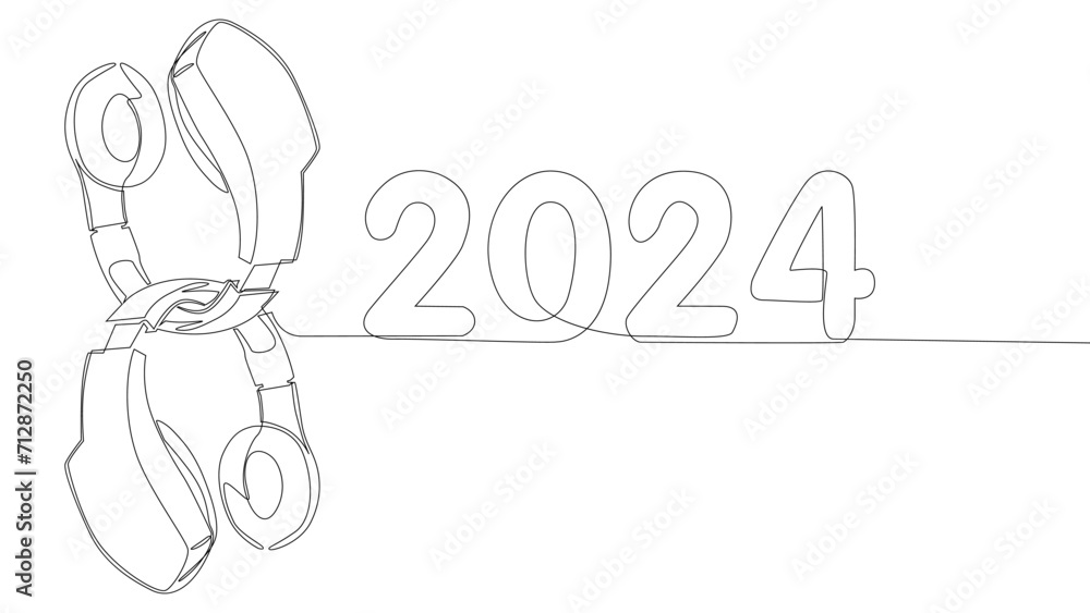 One continuous line of Headset and number 2024. Thin Line Illustration vector concept. Contour Drawing Creative ideas.