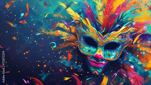 Carnival party background with Mardi Gras festive mask and vibrant Brazil and Latin decoration. Generative AI