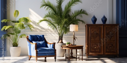 British colonial living room with a interior, featuring a modern classic armchair, antique sino-portuguese cabinet, luxury marble side table, areca palm, and golden lamp. The wall is cobalt blue and photo