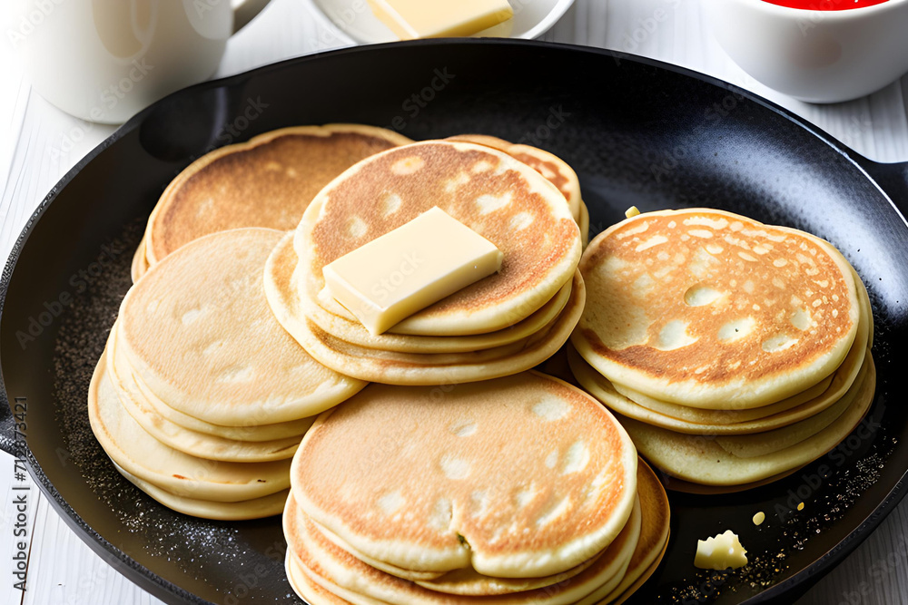 A delicious ai generated image that depicts a bunch of dollar pancakes with butter A delicious ai generated image that depicts a bunch of dollar pancakes with butter