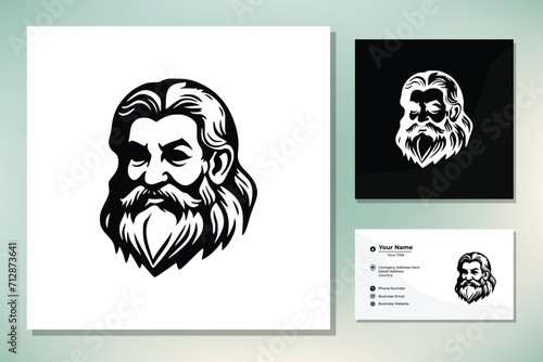 Greek Old Man Face like God Zeus Triton Neptune Philosopher with Beard and Mustache Logo design
