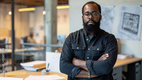 Confident black male architect in office with crossed arms