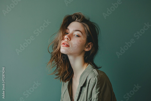 portrait of a fashion young woman in a studio muted color background and minimalistic