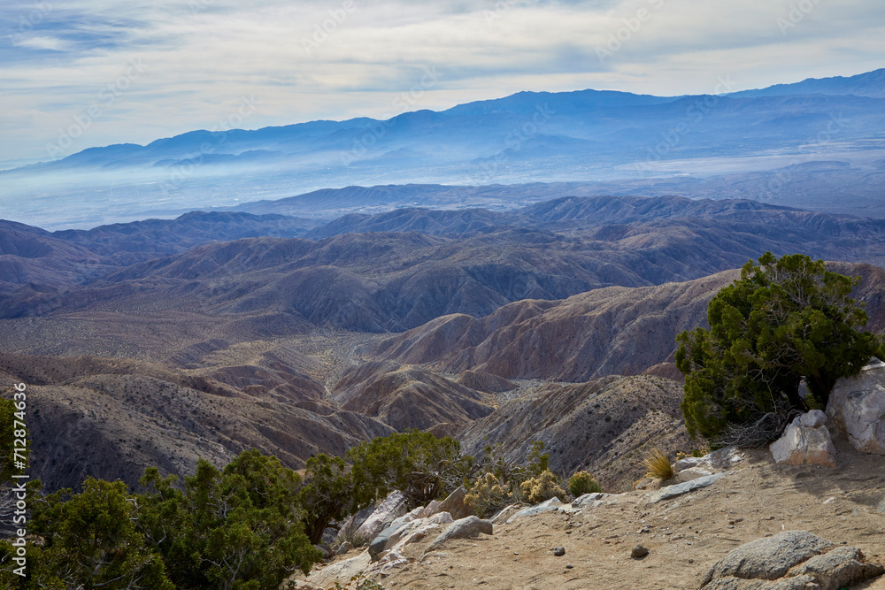 Spectacular panoramic view of the Coachella Valley from Keys View at the top of Joshua Tree National Park in California USA