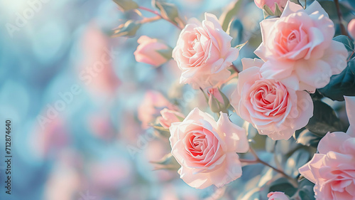 Roses on soft  dreamy background copy space. Spring summer banner