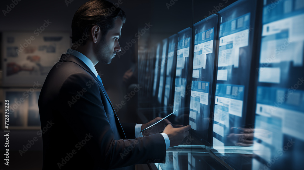Visualize a scene where a businessman is immersed in the process of ...