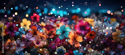 Colorful flowers light up the night sky, new year's eve concept © MBRAMO
