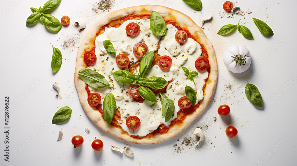 Delicious pizza with tomatoes and mozzarella on white background Delicious pizza with tomatoes and mozzarella on white background