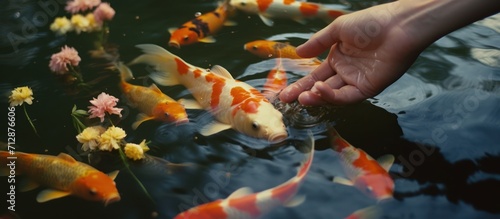 close up of hand feeding fish in koi pond