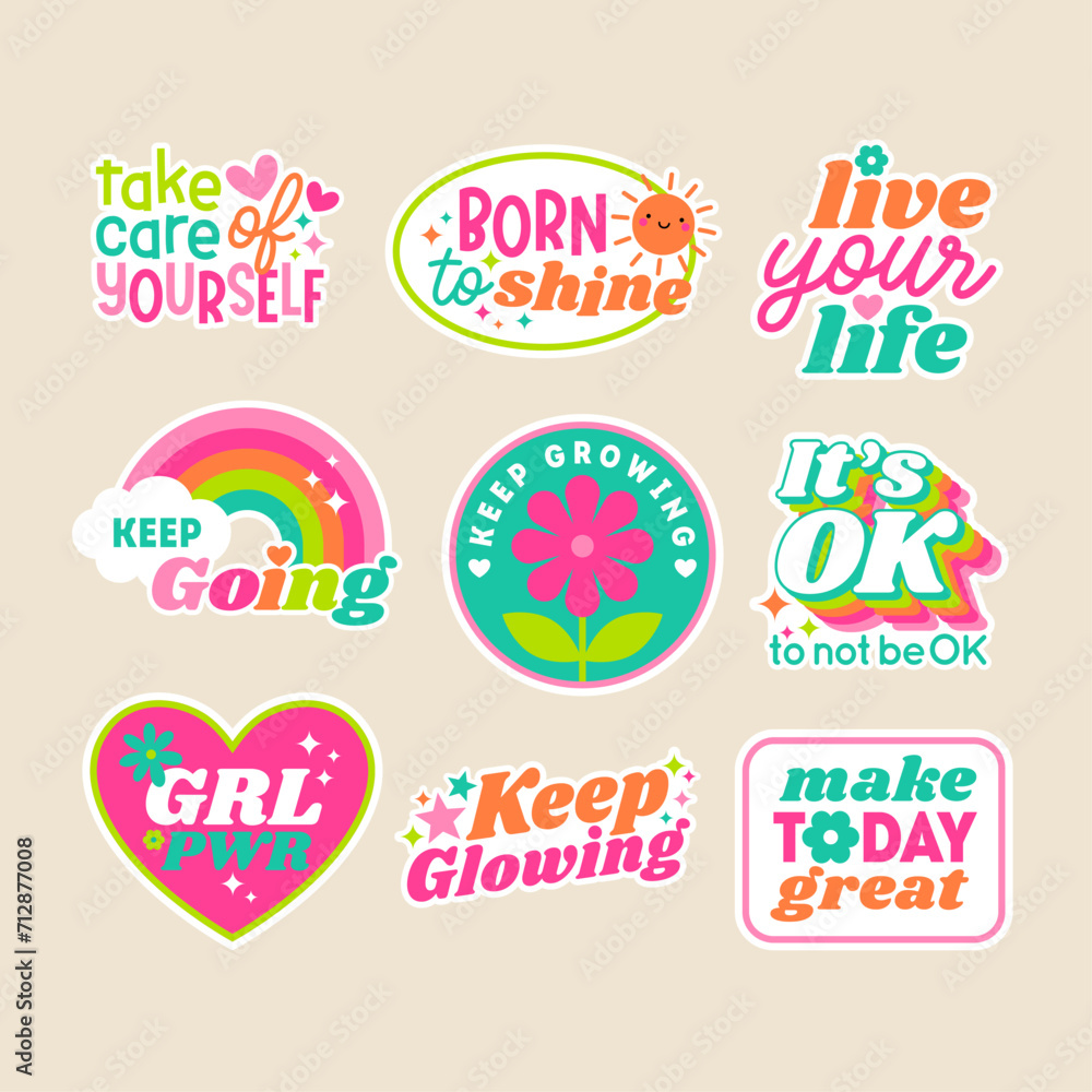 Set of positive thinking concept stickers or badges. Encourage quotes lettering design.
