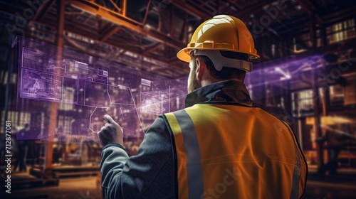 A construction engineer in safety gear is interacting with futuristic holographic blueprints on a construction site.