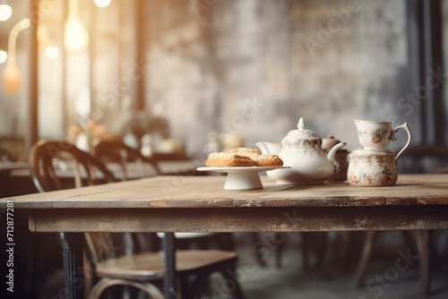 Antique table with blurry cafe backdrop - perfect for showcasing products. Generative AI