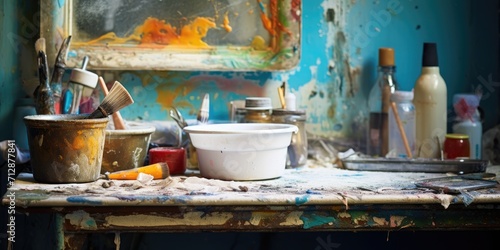 Messy vintage art studio sink with paint and brushes.