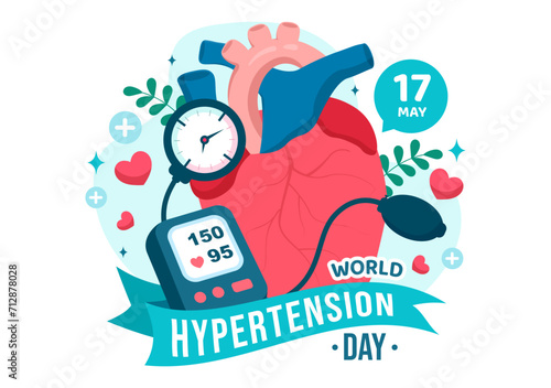 World Hypertension Day Vector Illustration on May 17th with High Blood Pressure, Tensimeter and Red Love Image in Healthcare Flat Background