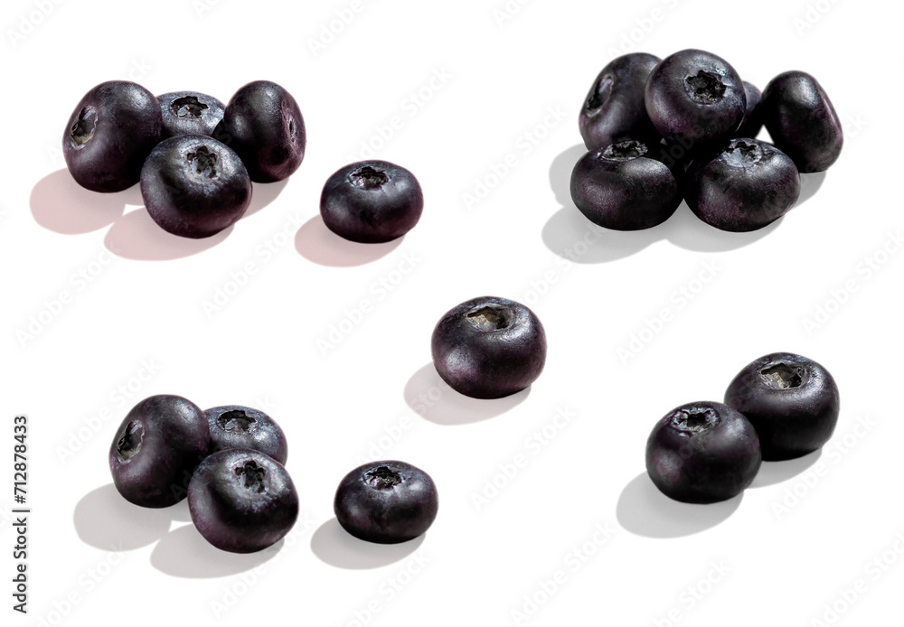 Set, Mix, Group of Blueberries berry with hard shadows close up isolated on a white or transparent png background