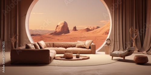 Modern nomadic interior design, brown room, visualization.