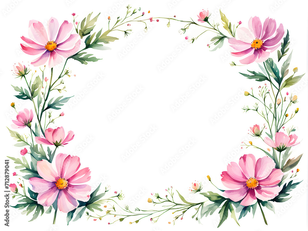 Fototapeta premium watercolor-illustration-baby-cosmos-flowers-forming-a-delicate-minimalist-frame-floating-without