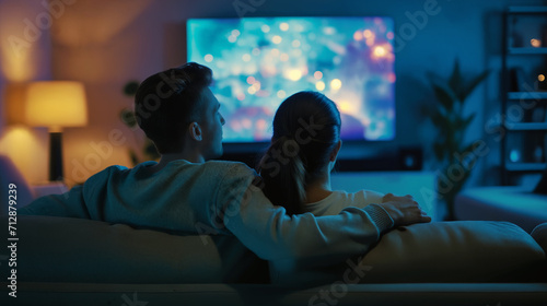 Couple watching a movie together at home photo