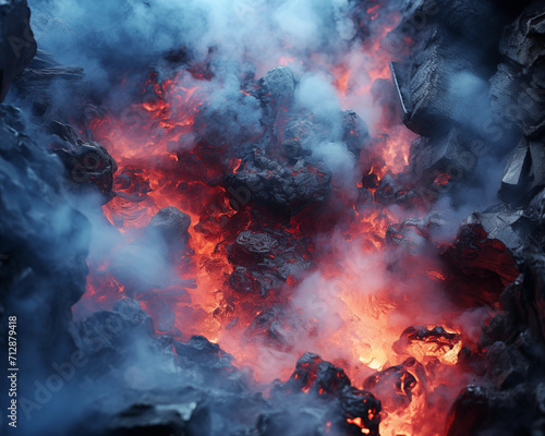 geothermal vent with magma and smoke rising out of pits in the Earth photo