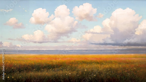 Frame Art TV, landscape of wildflowers bordering the horizon, landscape with clouds, wild flower field, flower meadow, vintage oil painting, printable digital art