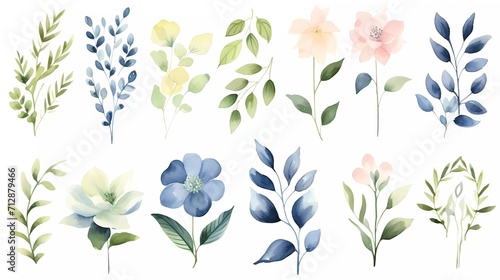 illustration Pink and blue flowers, leaves watercolor flower clip art. generative ai