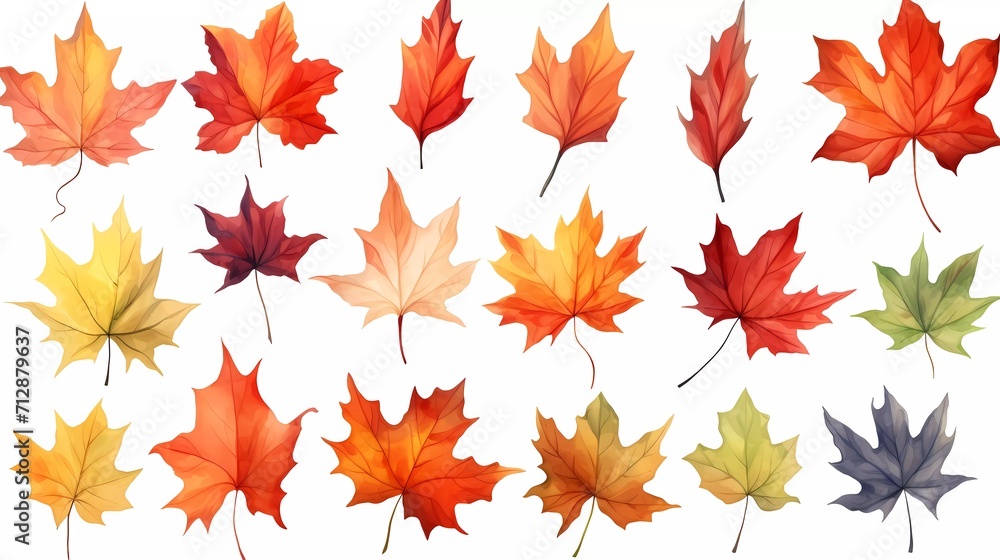 Collection of Maple leaves in watercolor style isolated. Aquarelle leaves for background. generative ai Collection of Maple leaves in watercolor style isolated. Aquarelle leaves for background. generative ai
